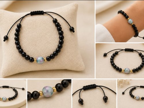 Brățară unisex reglabilă din onix, piatră naturală și elemente din aur