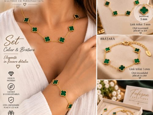 Set Colier & Brățară cu Trifoi Verde – Oțel Inoxidabil Placat cu Aur
