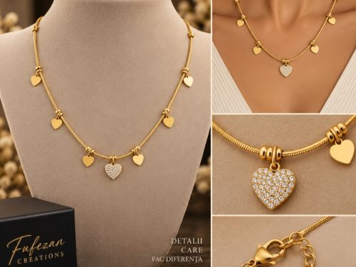 Colier Golden Love – Inimioare & cristale