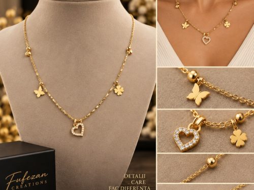 Colier Lucky Love – Inimă, fluture & trifoi