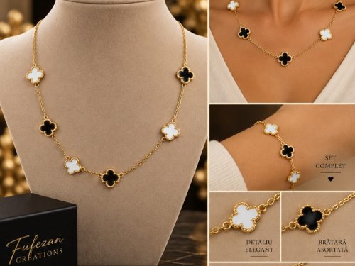Set Colier & Brățară Trifoi Alb-Negru – Oțel Inoxidabil Placat cu Aur