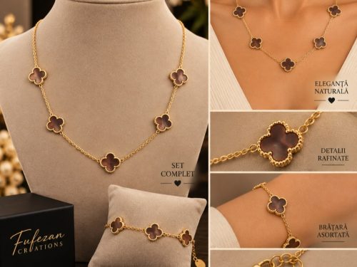 Set Colier & Brățară Trifoi – Oțel Inoxidabil Placat cu Aur