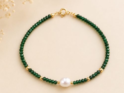 Brățară damă fixă cu spinel verde,perlă și elemente din aur