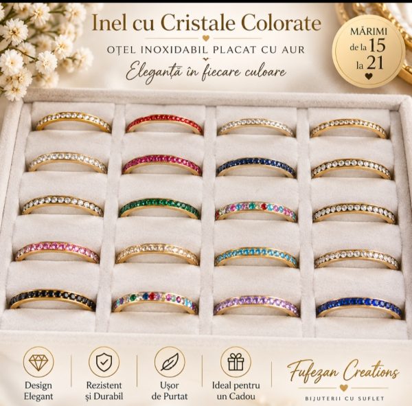Inel cu Cristale Colorate – Oțel Inoxidabil Placat cu Aur