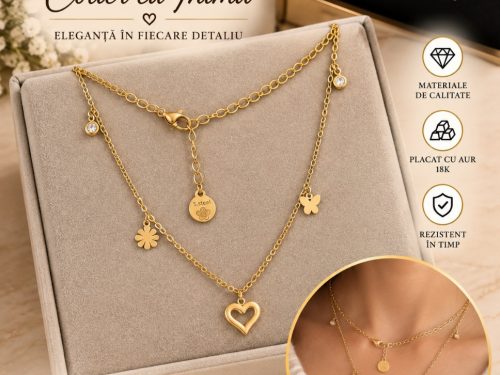 set damă, trifoi roșu, colier dublu, brățară, oțel inoxidabil, placat cu aur, bijuterii femei, Fufezan Creations