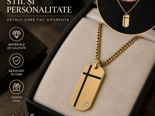 Colier Bărbați cu Pandantiv Cruce – Oțel Inoxidabil Placat cu Aur