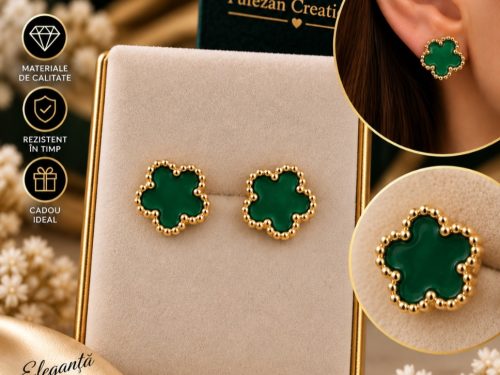Cercei damă Trifoi Verde – oțel inoxidabil placat cu aur