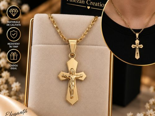 Colier Unisex cu Cruce – Oțel Inoxidabil Placat cu Aur Descriere: