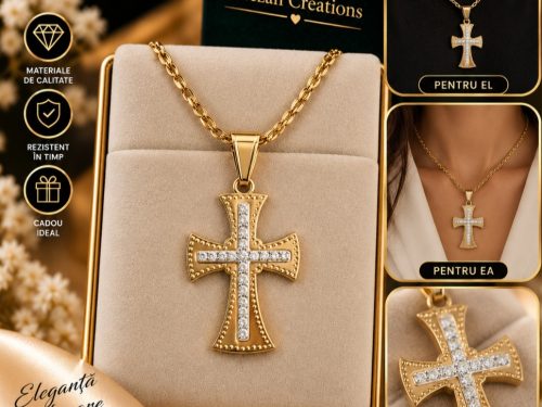 Colier Unisex cu Cruce și Zirconiu – Oțel Inoxidabil Placat cu Aur
