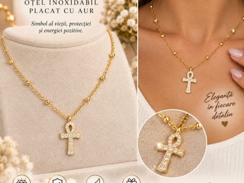 Colier Ankh pentru Damă și Copii – Oțel Inoxidabil Placat cu Aur Descriere: