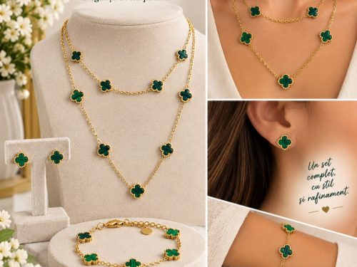Set Bijuterii Damă Trifoi Verde – Oțel Inoxidabil Placat cu Aur