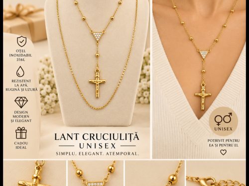 Lanț cu cruciuliță și zirconiu – Unisex – Oțel inoxidabil 316L placat cu aur